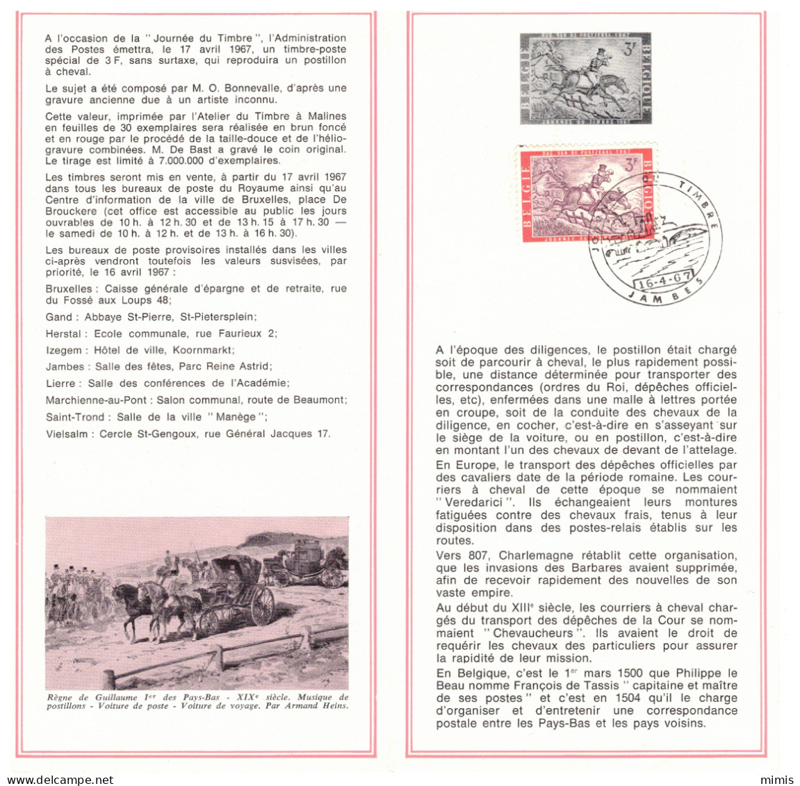 BELGIQUE     1967       N° 1413     Journée Du Timbre   Oblitération 1er Jour (Prévente) - Volantini Postali