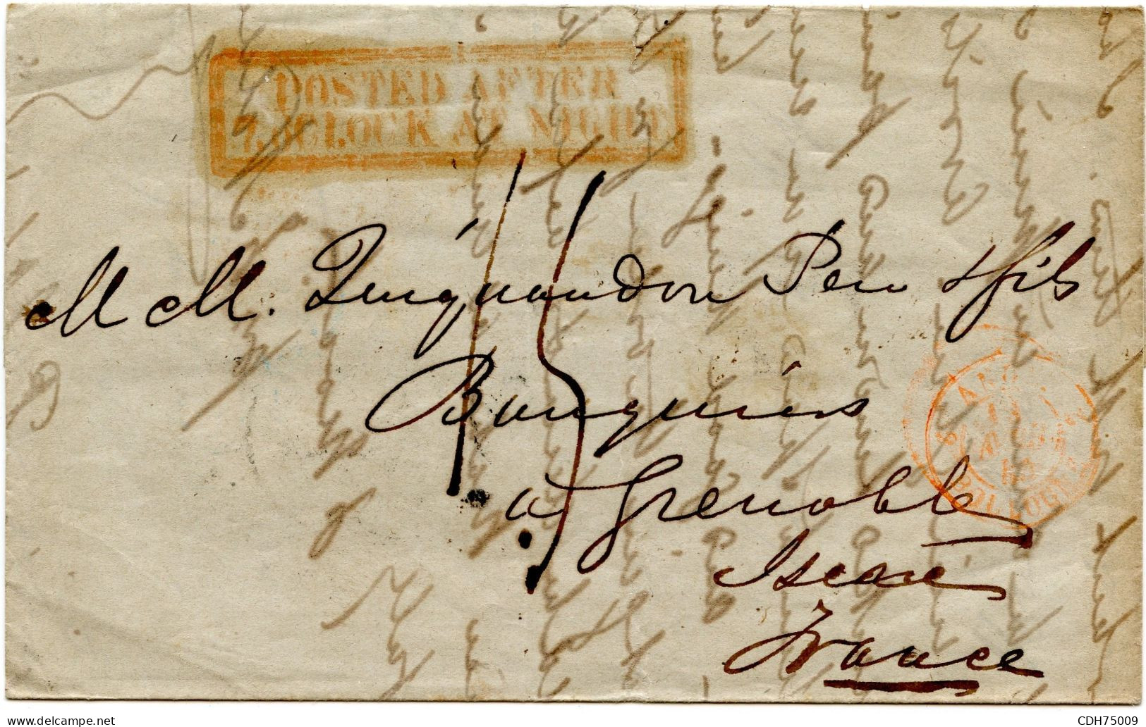 GRANDE BRETAGNE - ENCADRE ROUGE POSTED AFTER 7. O'CLOCK AT NIGHT SUR LETTRE POUR PARIS, 1844 - ...-1840 Prephilately