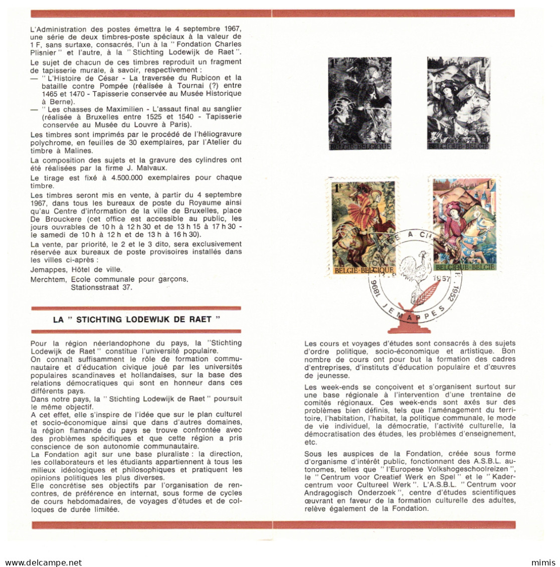 BELGIQUE     1967       N° 1425/26     Fondation Charles Plisnier   Oblitération 1er Jour (Prévente) - Post Office Leaflets