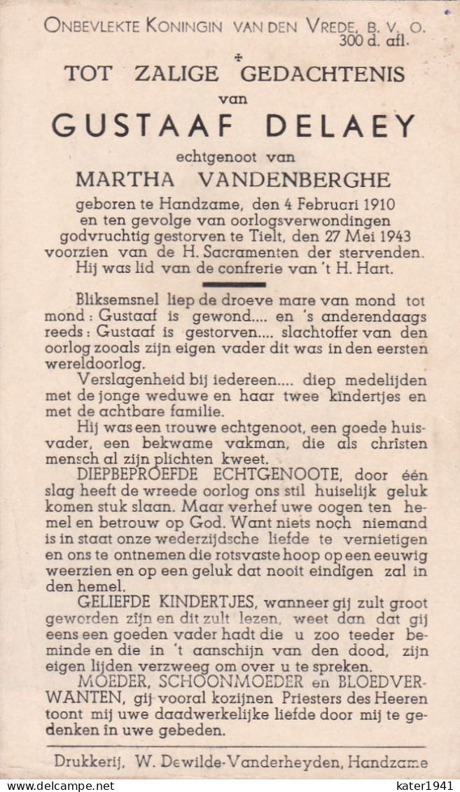 Oorlog 40 45 DELAEY Gustaaf X Vandenberghe Martha  ° Handzame 04.02.1910 + Tielt 27.05.1943 - Religion & Esotérisme