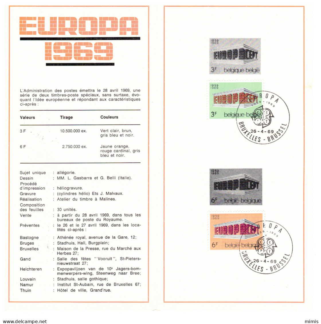 BELGIQUE     1969      1489/90        Europa      Oblitération 1er Jour (prévente) - Postkantoorfolders
