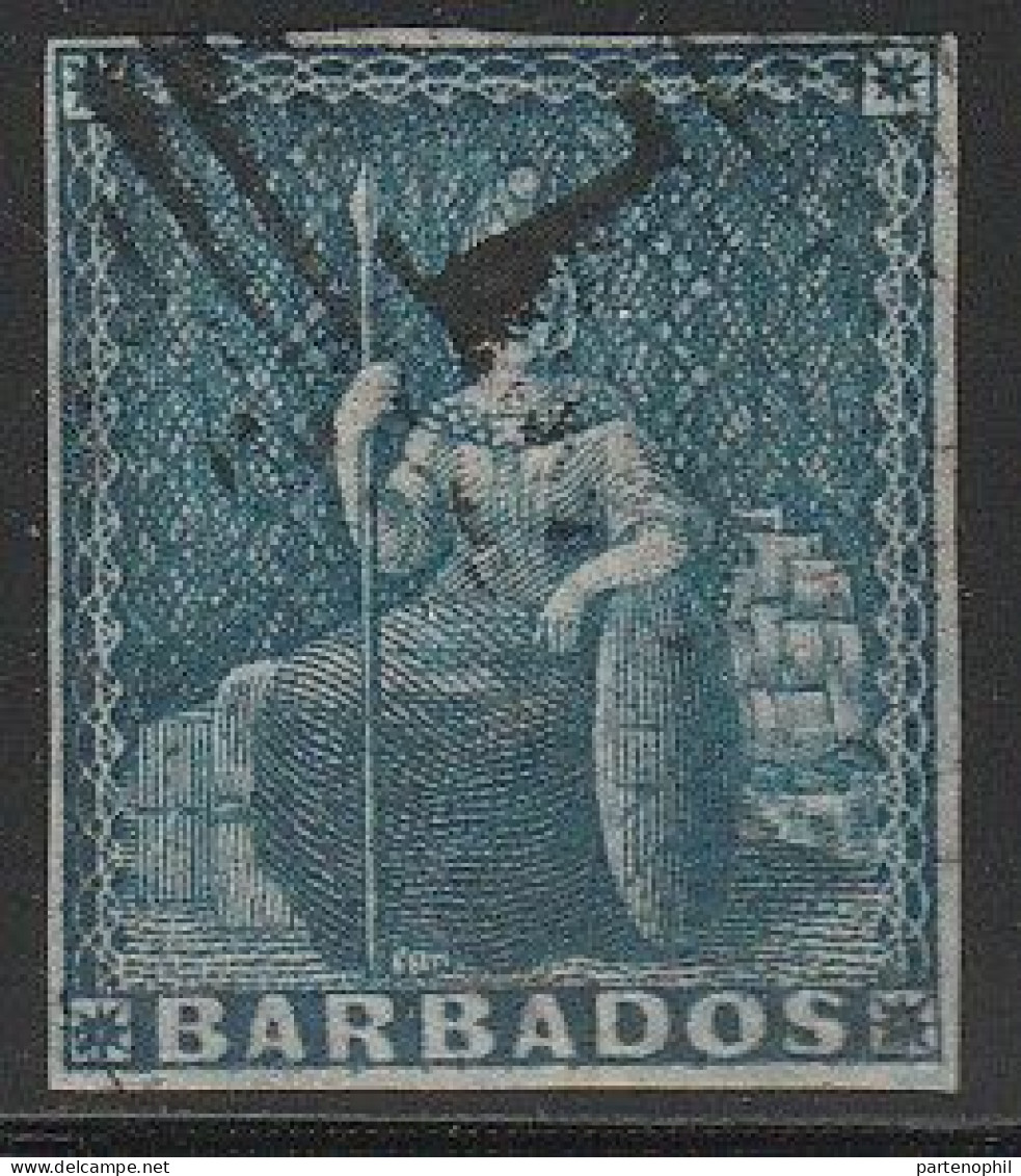 567 Barbados 1852 - Britania 1 P. Blu Su Carta Azzurra N. 2. SPL - Barbados (...-1966)