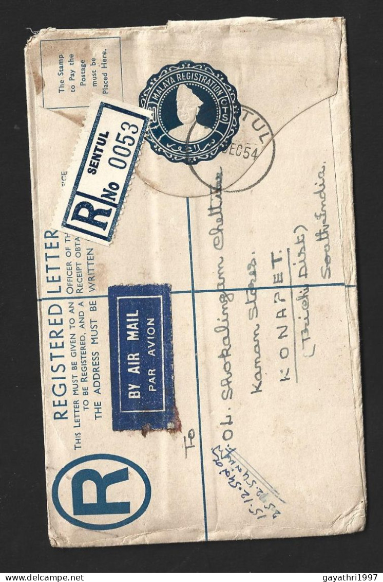 Malaya Selangor Registered Letter Stationary  From Sentul To India (b86) - Selangor