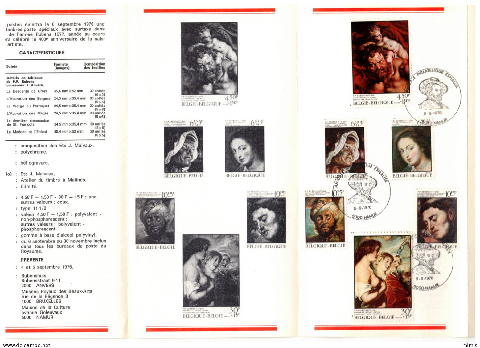 BELGIQUE    1976         N° 1816821       P.P. Rubens         Oblitération 1er Jour (prévente) - Post-Faltblätter