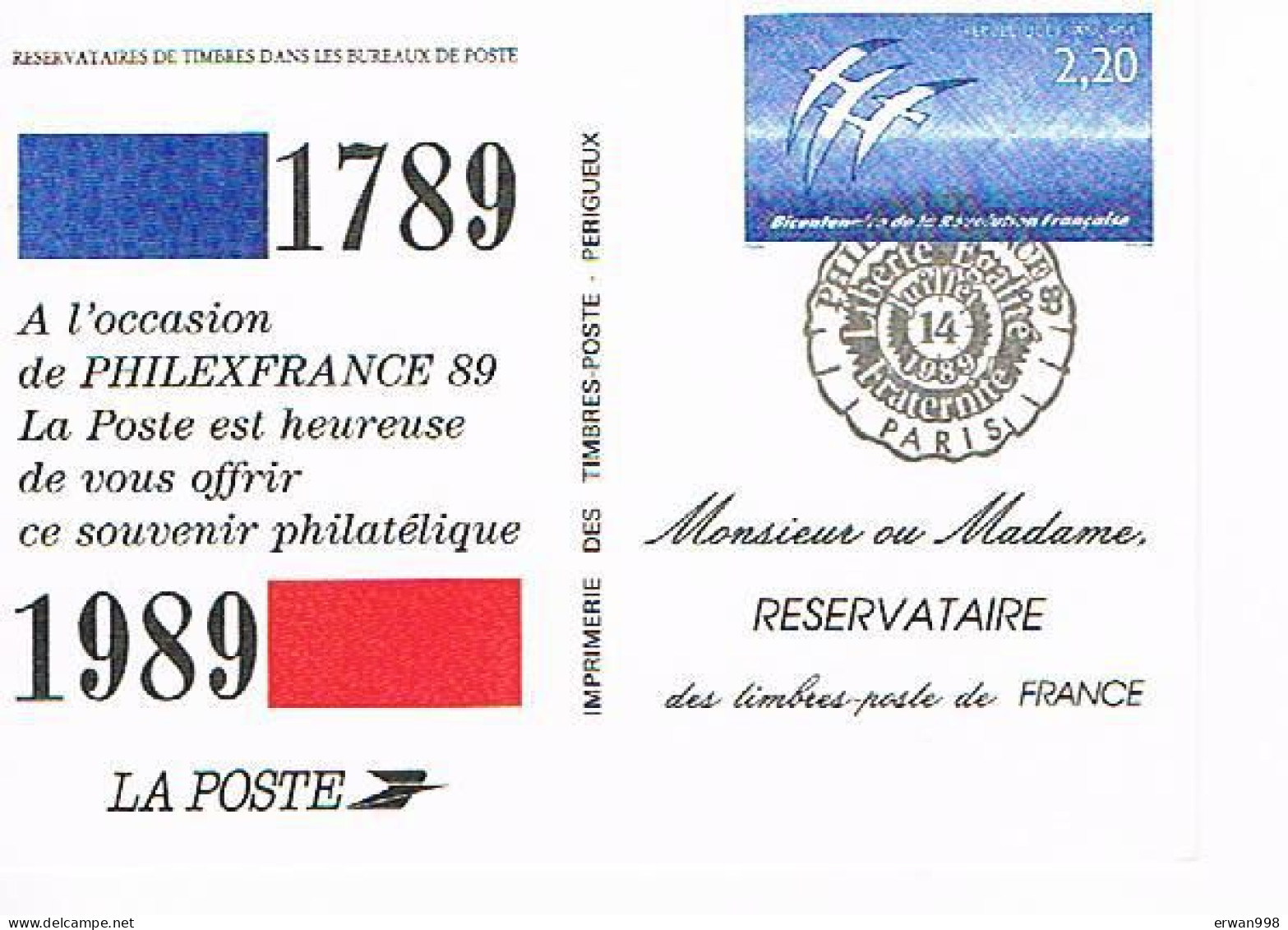 1789/1989 - 14/7/1989  - Philexfrance S/ Timbre Oiseaux De FOLON 2.20 Bleu Thème Révolution Française - Pseudo-officiële  Postwaardestukken