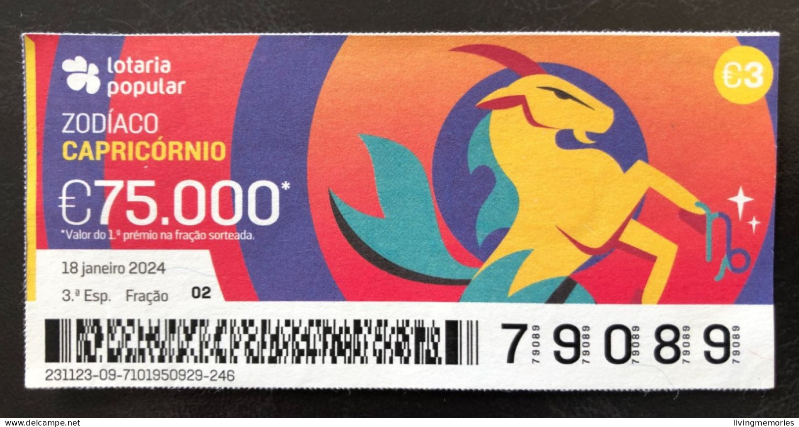 116  H, 1 X Lottery Ticket, Portugal, « Zodíaco, CAPRICORNIO », « ZODIAC, CAPRICORNUS »,  2024 - Biglietti Della Lotteria
