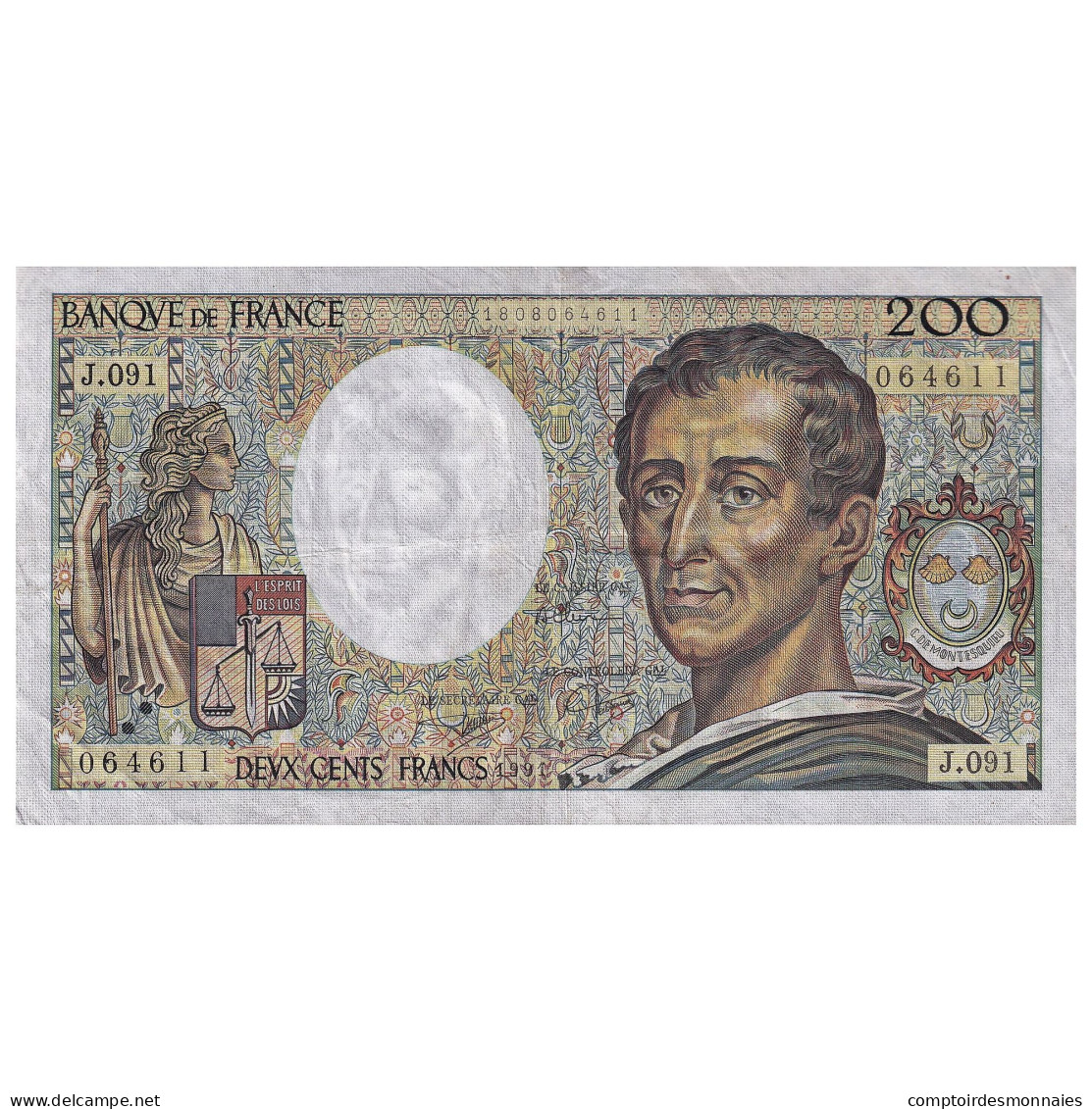 France, 200 Francs, Montesquieu, 1991, J.091, TTB, Fayette:70.11, KM:155d - 200 F 1981-1994 ''Montesquieu''