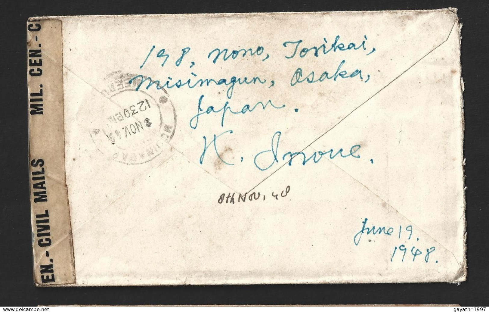 Japan Stamp On Cover From Japan To India With Censor Cancellation 1946 (B99) - Briefe U. Dokumente