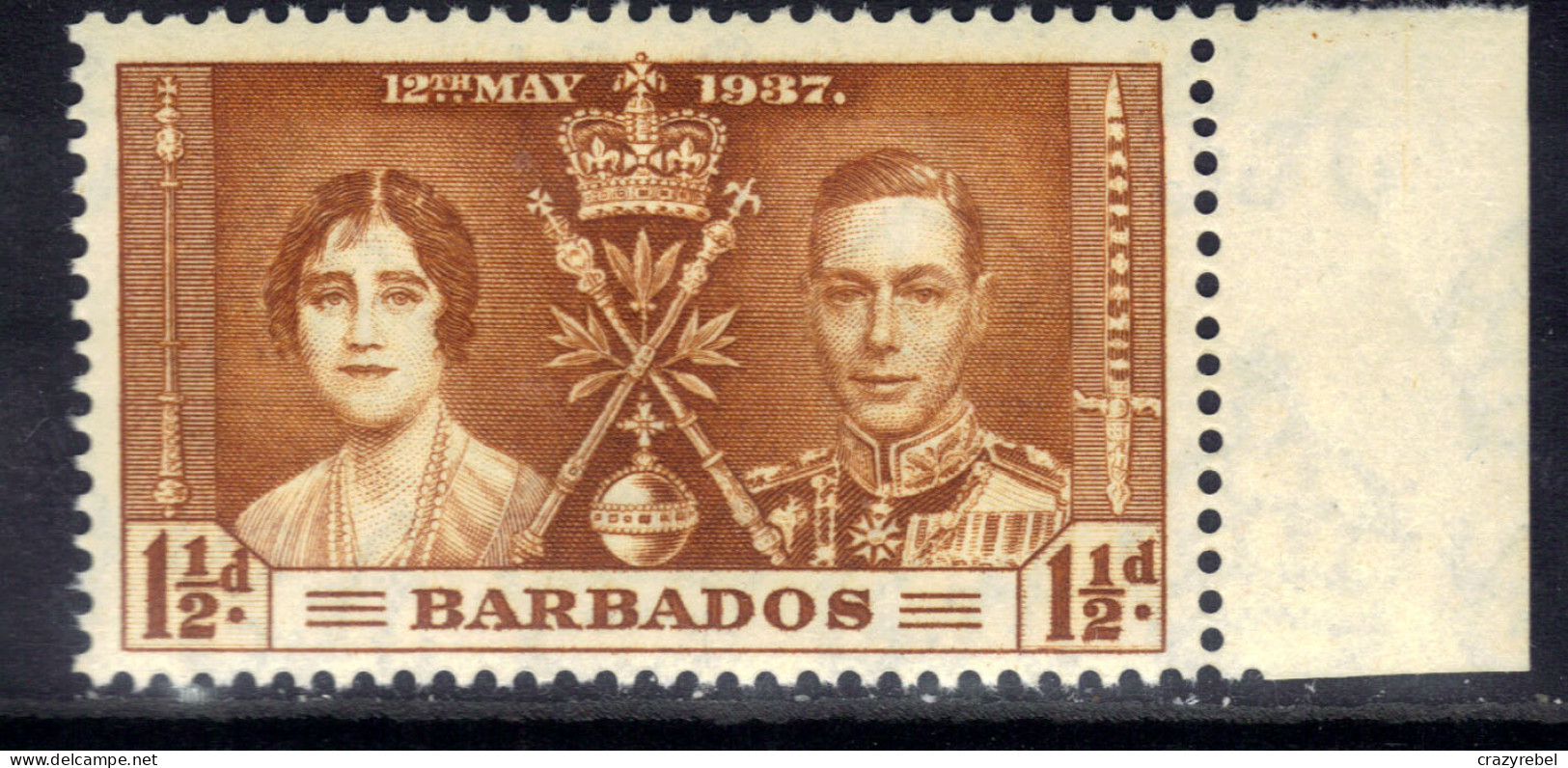 Barbados 1937 KGV1 1 1/2d Coronation Yellow Brown Umm SG 246 ( H1170 ) - Barbados (...-1966)