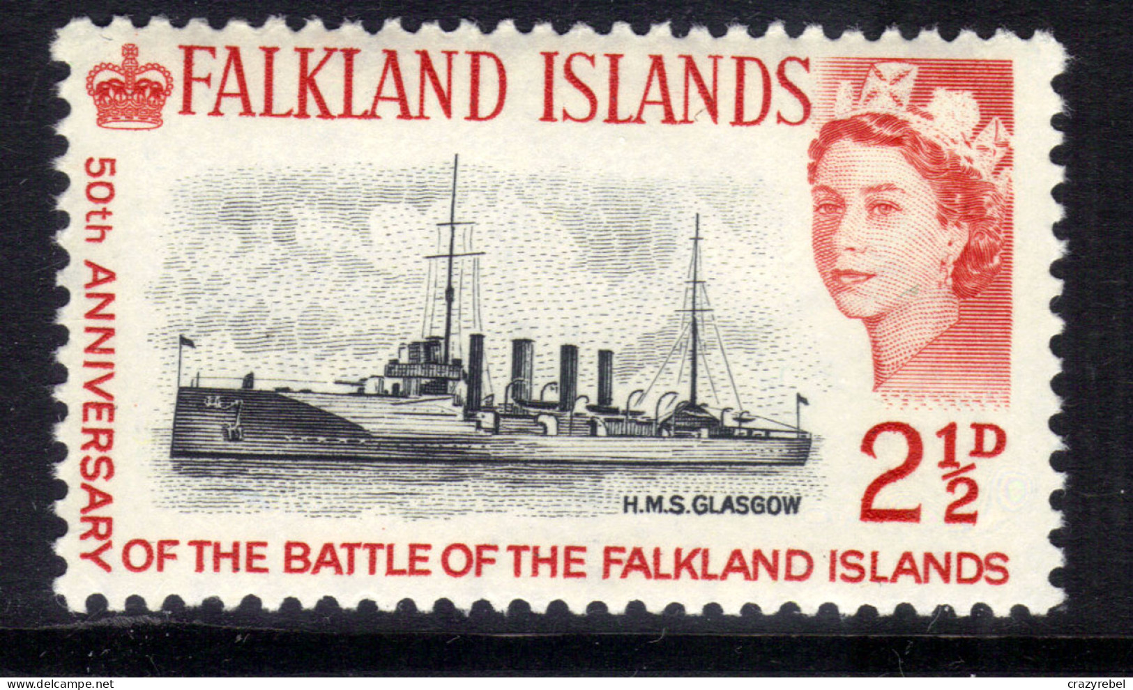 Falkland Islands 1964 QE2 2 1/2d HMS Glasgow Umm SG 215 ( K307 ) - Falkland