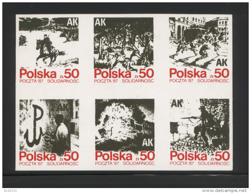 POLAND SOLIDARITY POCZTA SOLIDARNOSC 1987 AK HOME ARMY WW2 PARTISANS BLOCK OF 6 WORLD WAR 2 MILITARIA WARSAW UPRISING - Solidarnosc-Vignetten