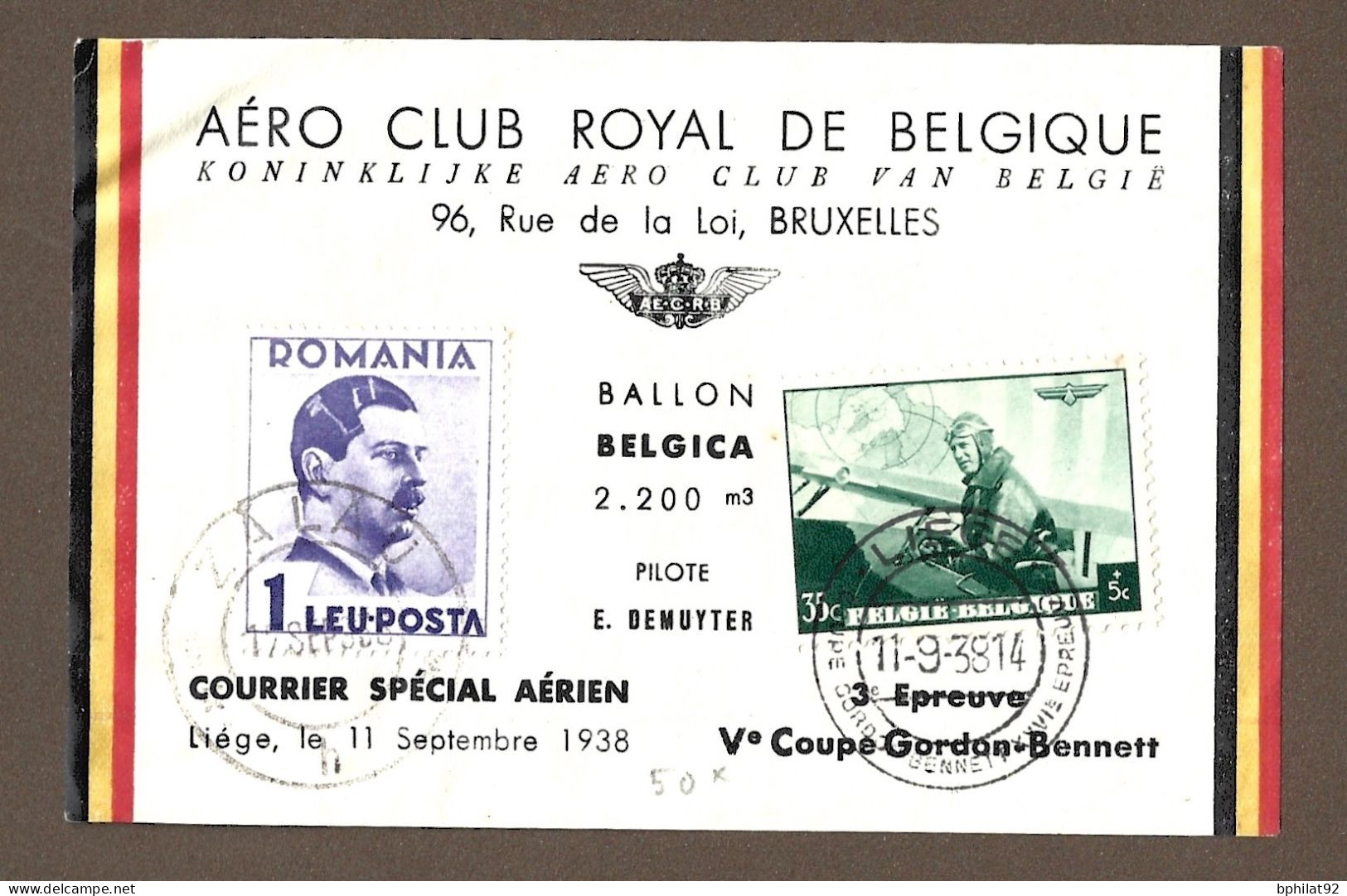 !!! BELGIQUE, COURRIER SPÉCIAL AÉRIEN ROUMANIE-BELGIQUE DE 1938, CACHET DE ZALAU ET LIÈGE - Covers & Documents