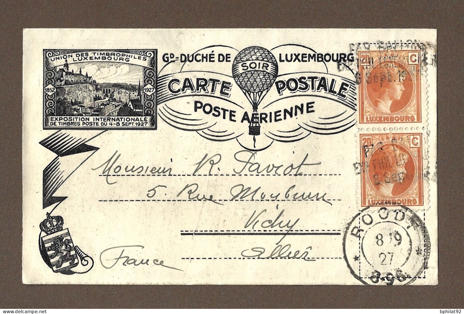 !!! LUXEMBOURG, CARTE POSTALE ILLUSTRÉE PAR AVION DE 1927 POUR LA FRANCE, CACHET DE ROODT - Covers & Documents