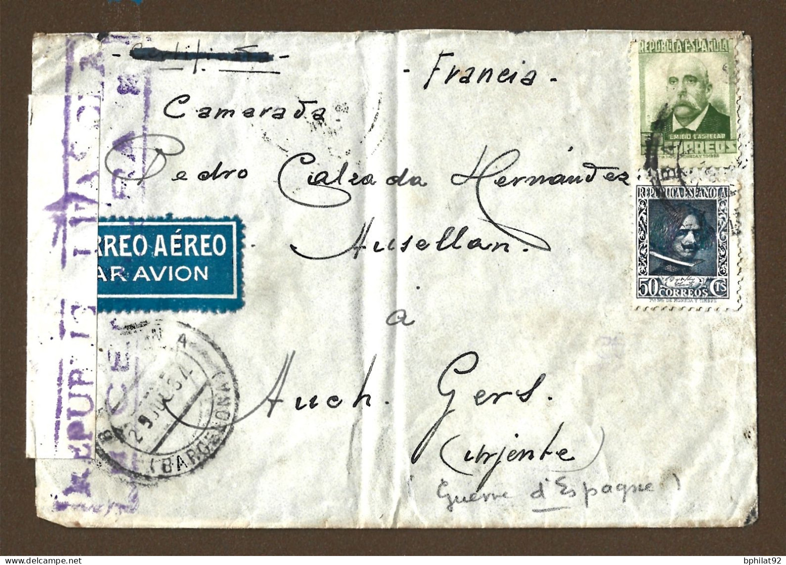 !!! ESPAGNE, LETTRE PAR AVION DE BARCELONE POUR LA FRANCE, AVEC MARQUE DE CENSURE RÉPUBLICAINE, DE 1937 - Brieven En Documenten