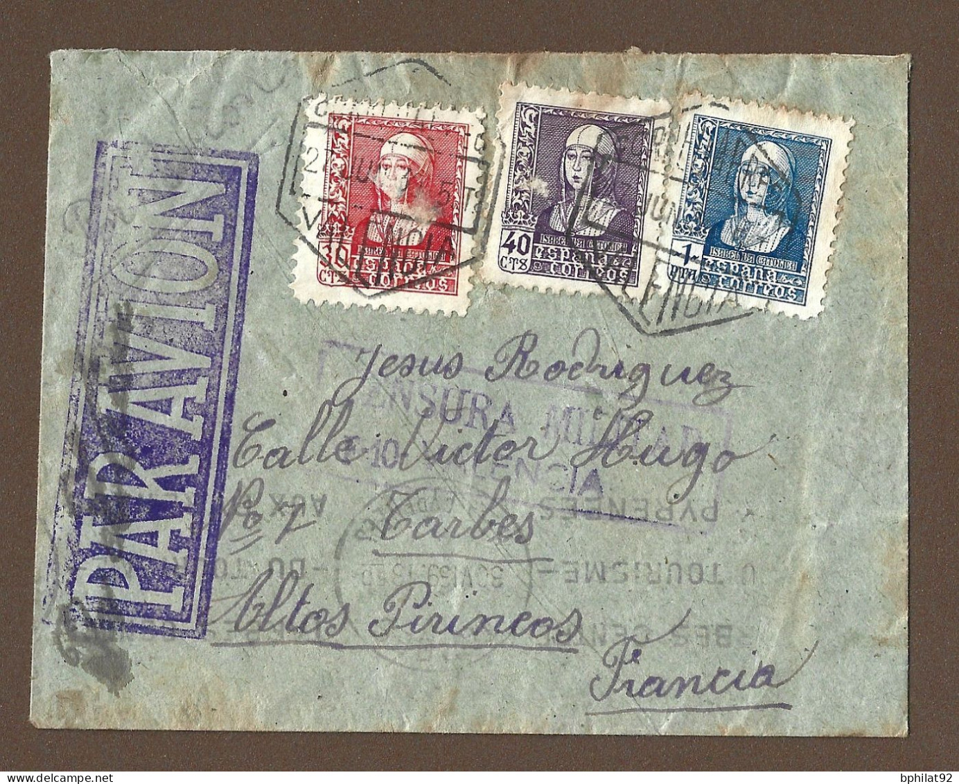 !!! ESPAGNE, LETTRE PAR AVION DE VALENCIA, POUR LA FRANCE AVEC MARQUE DE CENSURE MILITAIRE, DE 1939 - Covers & Documents