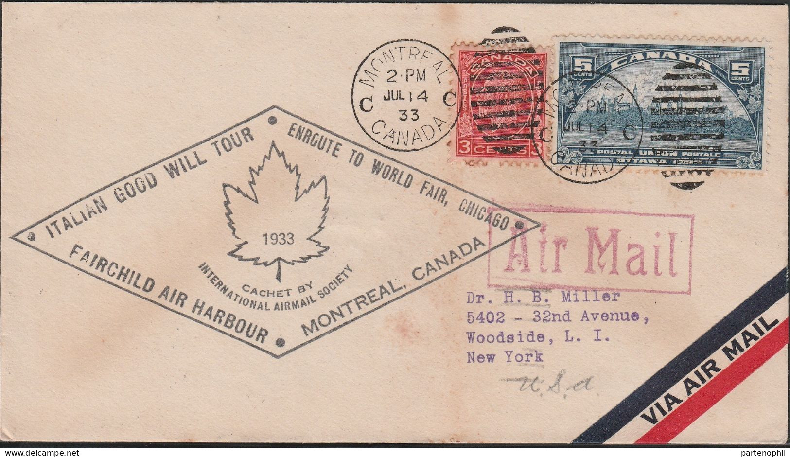 547 Posta Aerea - Balbo - Canada Aerogramma Da Montreal Del 14.7.1933 Per New York. “Italian Good Will Tour”. SPL - Postgeschiedenis