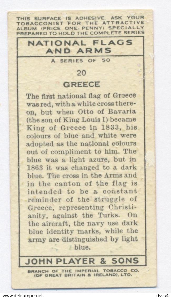 FL 14 - 20-a GREECE National Flag & Emblem, Imperial Tabacco - 67/36 Mm - Werbeartikel