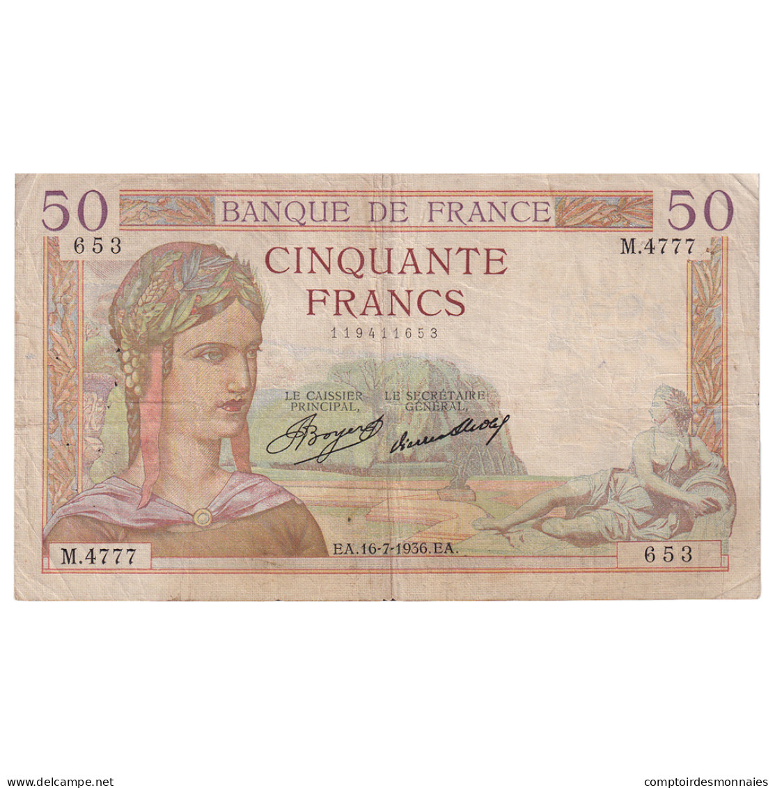 France, 50 Francs, Cérès, 1936, M.4777, TB, Fayette:17.28, KM:81 - 50 F 1934-1940 ''Cérès''