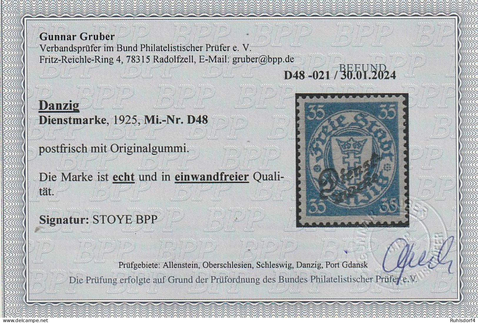 Danzig: Dienstmarke D48 ** (MNH), Befund Gruber BPP - Officials