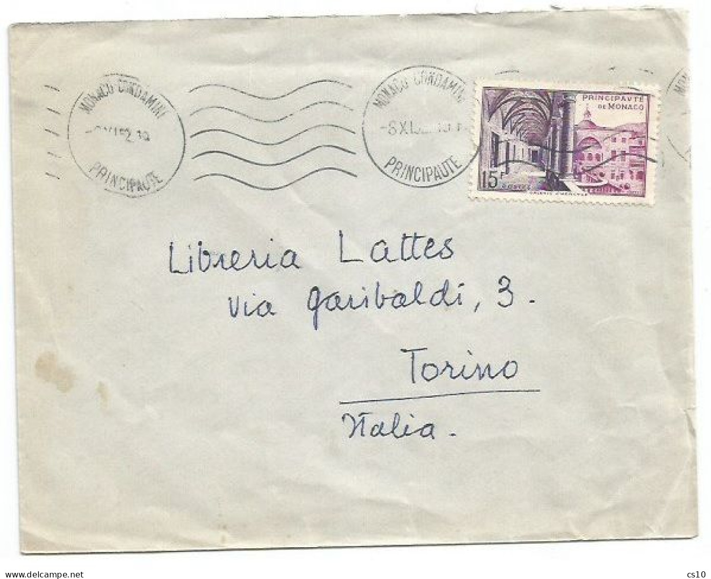 Monaco Principautè Lettre 8nov1952 X Italie Avec F.15 Galerie D'Hercule Solo - Poststempel