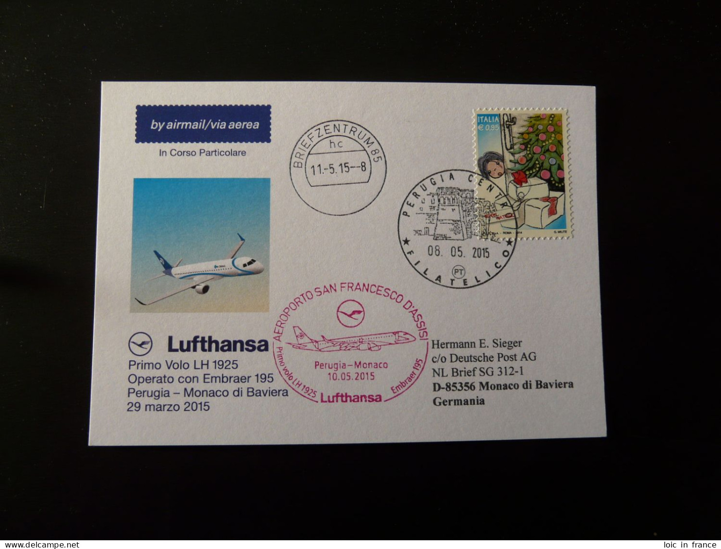 Premier Vol First Flight Perugia Monaco Embraer 195 Lufthansa 2015 - 2011-20: Cartas & Documentos