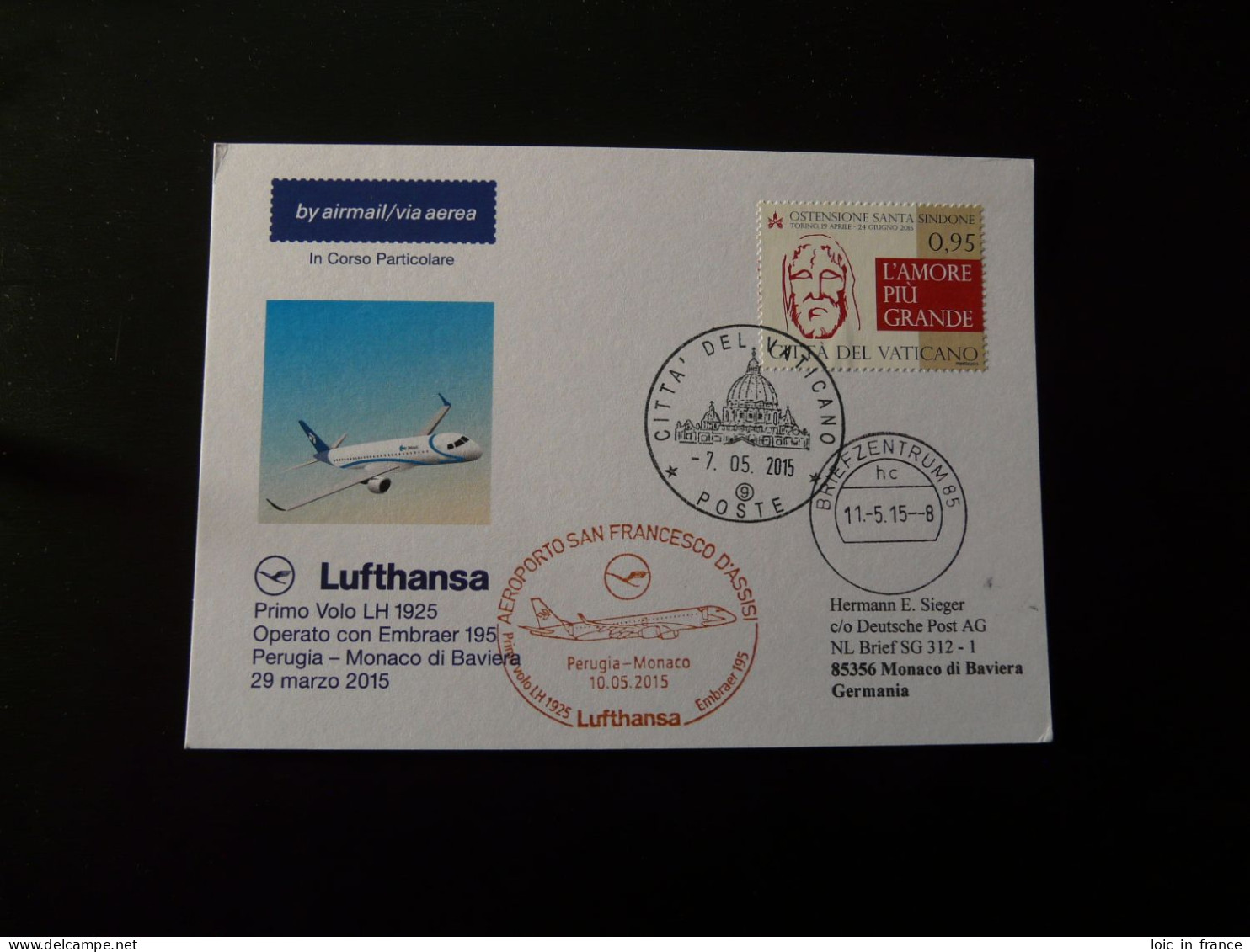 Premier Vol First Flight Vatican Perugia Monaco Embraer 195 Lufthansa 2015 - Storia Postale