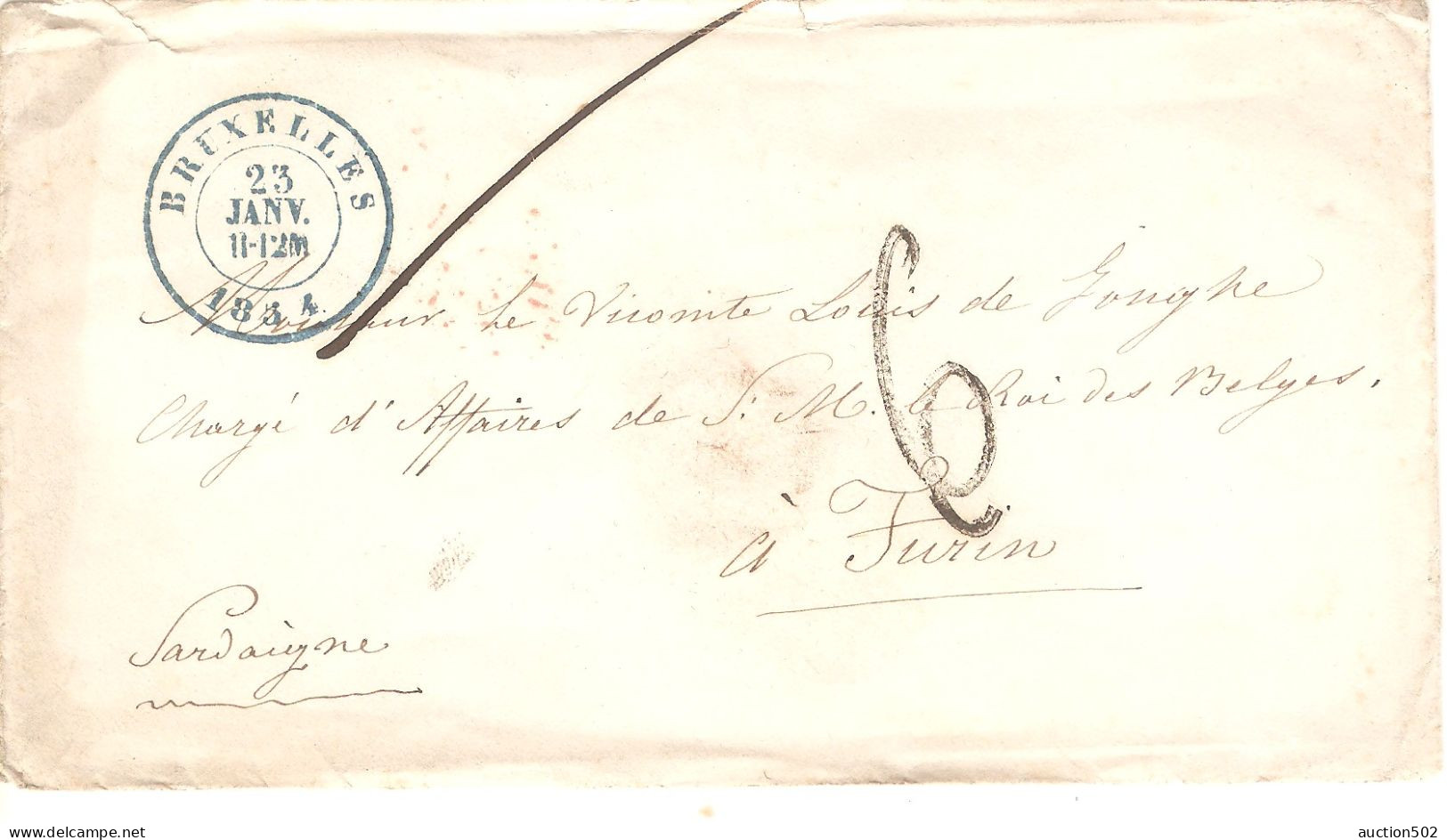 Lettres S Contenu  Obl.Bruxelles 1854 Port 6 >  Vicomte De Jonghe Chargé D'Affaires S.M. Roi Des Belges Turin Sardaigne - 1849-1865 Médaillons (Autres)