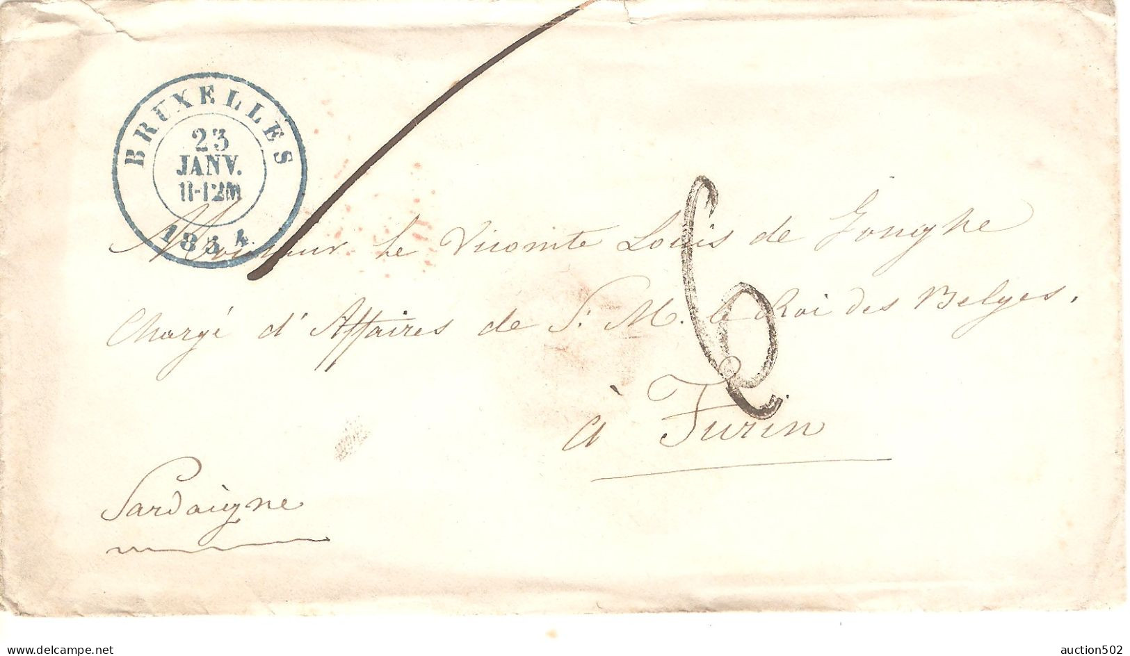 Lettres S Contenu  Obl.Bruxelles 1854 Port 6 >  Vicomte De Jonghe Chargé D'Affaires S.M. Roi Des Belges Turin Sardaigne - 1849-1865 Medallones (Otros)