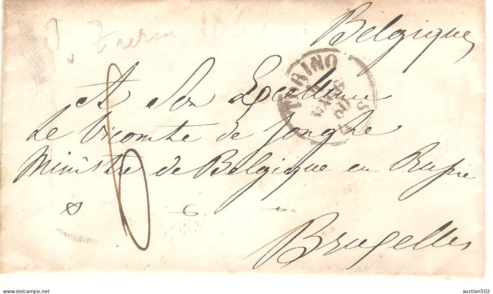 Lettres S Contenu  Obl.Turin 1860 Port 6 >  Vicomte De Jonghe Ministre De Belgique Bruxelles Cachets Au Verso - 1849-1865 Medaillen (Sonstige)
