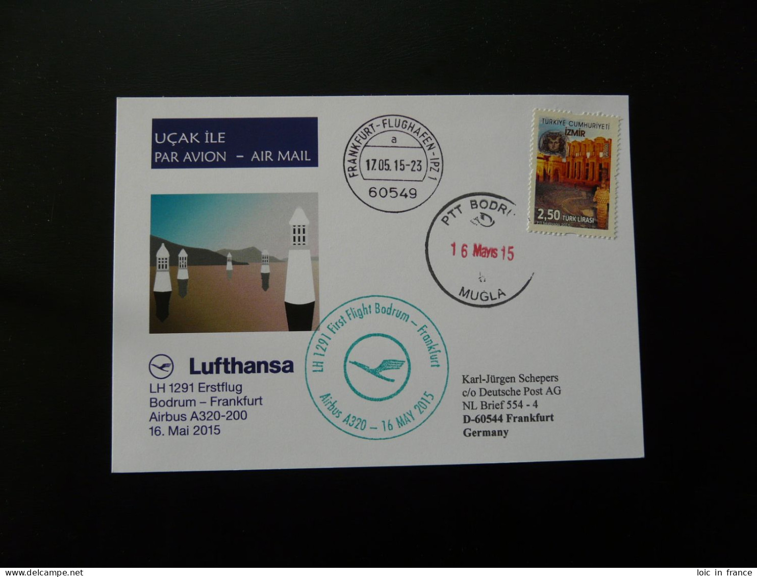 Premier Vol First Flight Bodrum Turkey To Frankfurt Airbus A320 Lufthansa 2015 - Covers & Documents