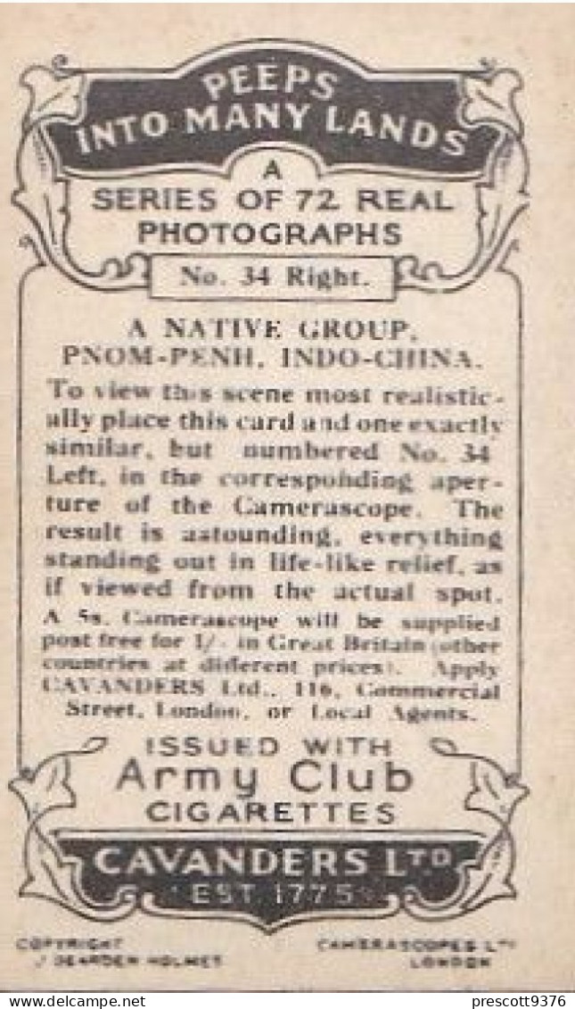 34 Native Group, Pnom Penh, Indo China - PEEPS INTO MANY LANDS A 1927 - Cavenders RP Stereoscope Cards 3x6cm - Stereoskope - Stereobetrachter