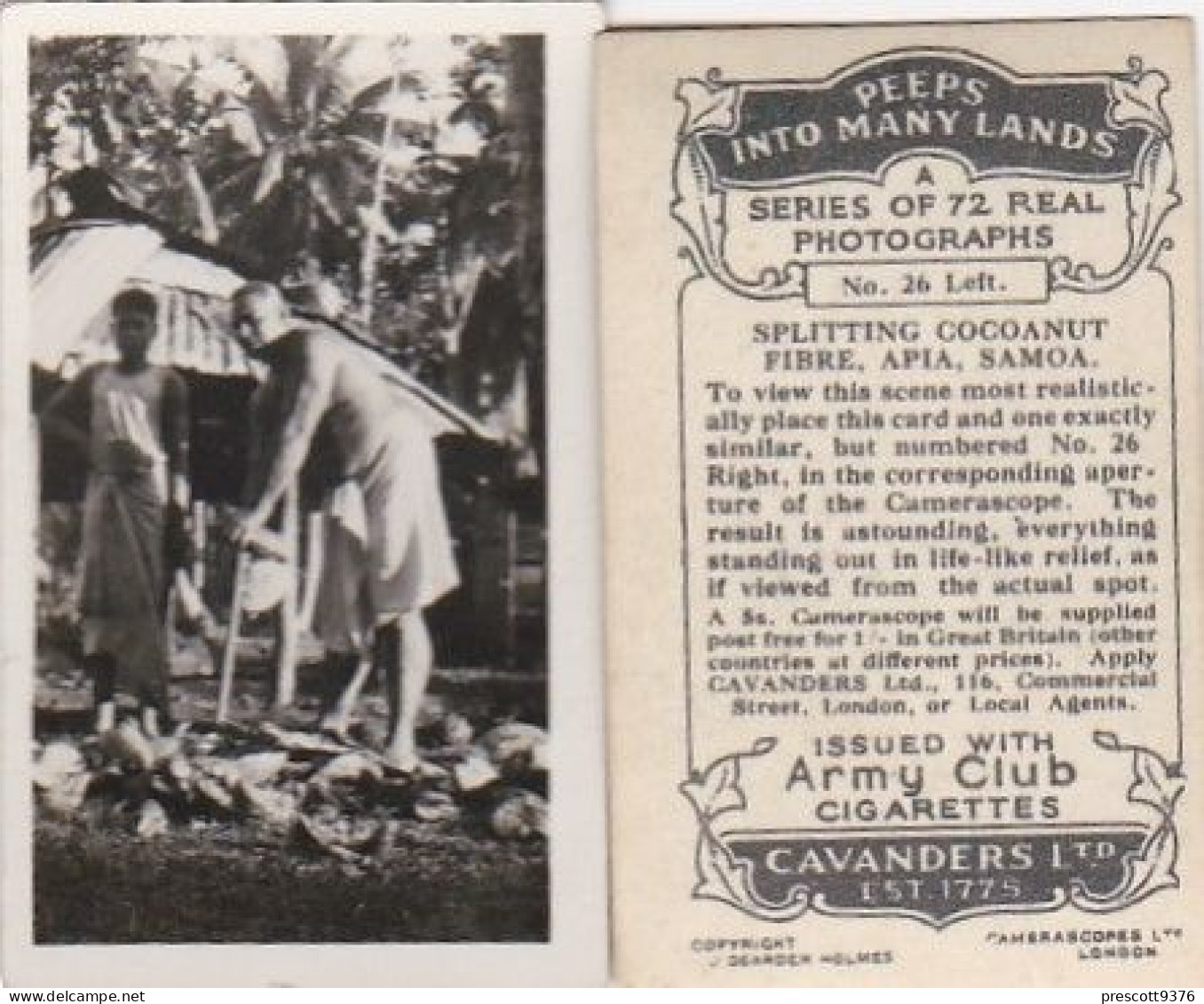 26 Splitting Coconut Fibre, Apia Samoa  - PEEPS INTO MANY LANDS A 1927 - Cavenders RP Stereoscope Cards 3x6cm - Stereoscopes - Side-by-side Viewers