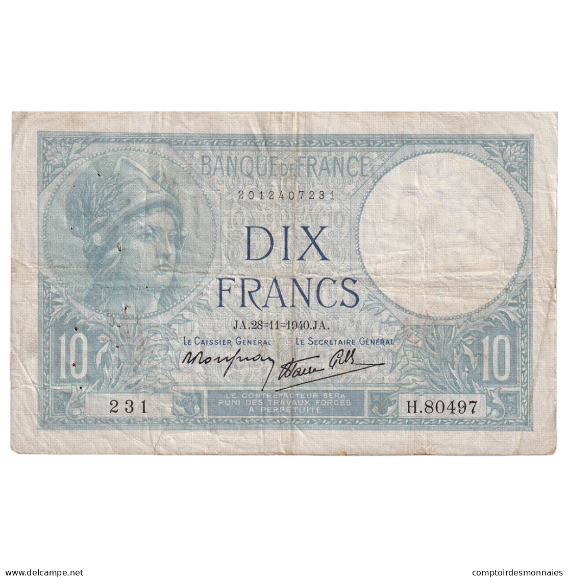 France, 10 Francs, Minerve, 1940, H.80497, TB, Fayette:07.22, KM:84 - 10 F 1916-1942 ''Minerve''