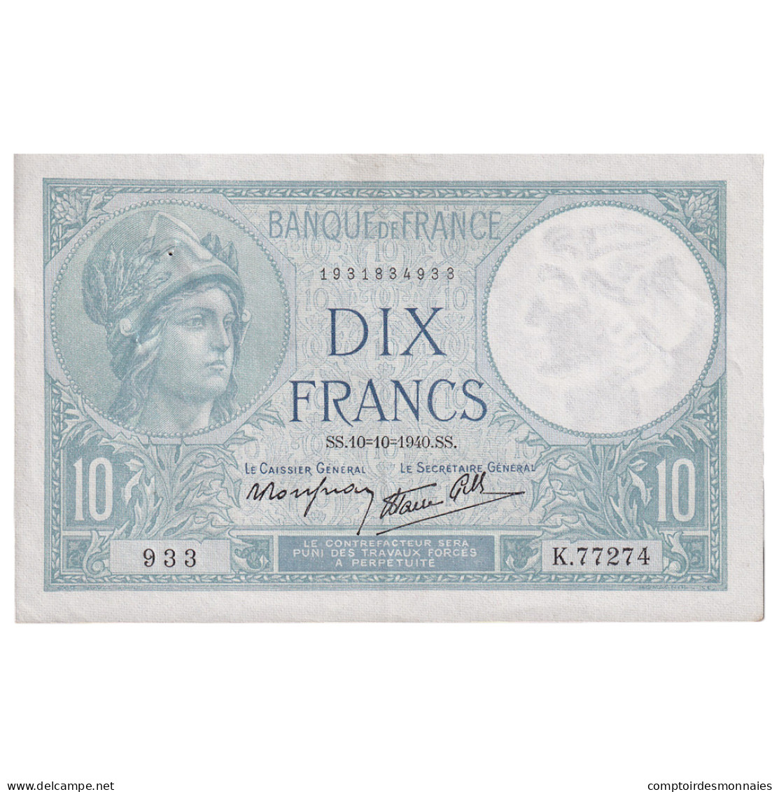 France, 10 Francs, Minerve, 1940, K.77274, SUP, Fayette:07.16, KM:84 - 10 F 1916-1942 ''Minerve''