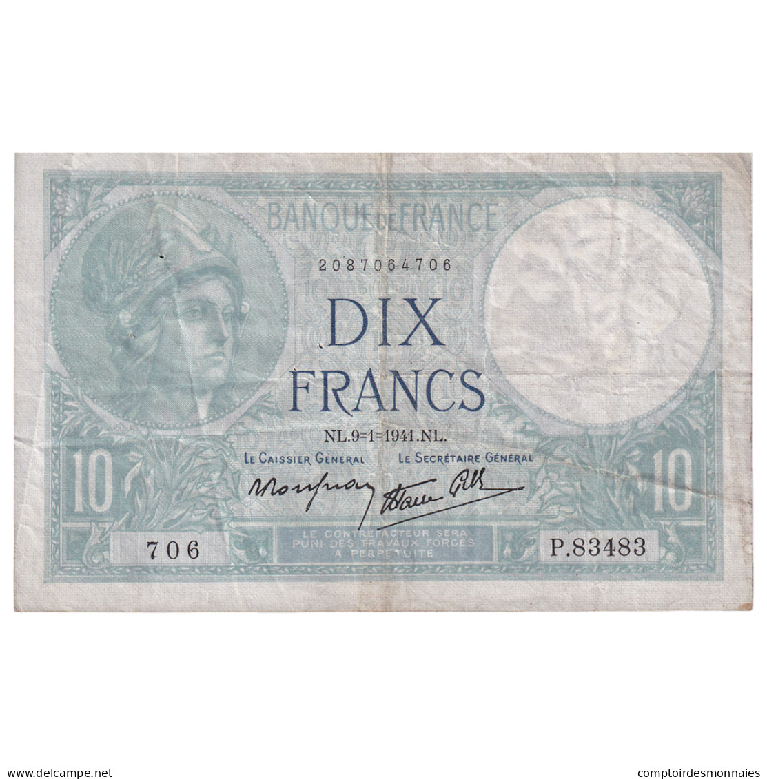 France, 10 Francs, Minerve, 1941, P.83483, TB+, Fayette:7.27, KM:84 - 10 F 1916-1942 ''Minerve''