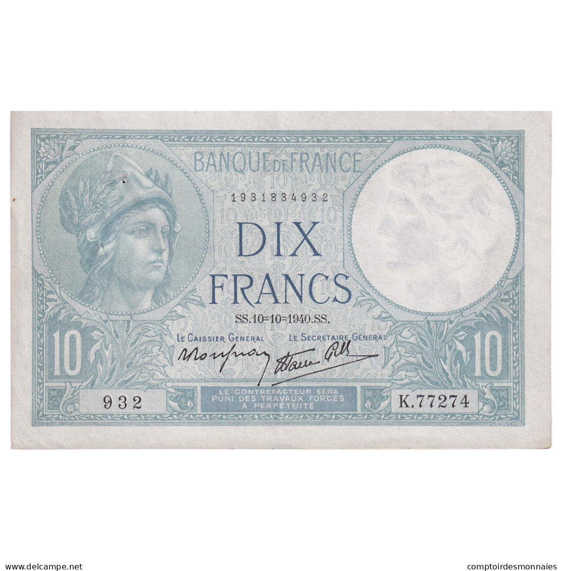 France, 10 Francs, Minerve, 1940, K.77274, SUP, Fayette:07.16, KM:84 - 10 F 1916-1942 ''Minerve''