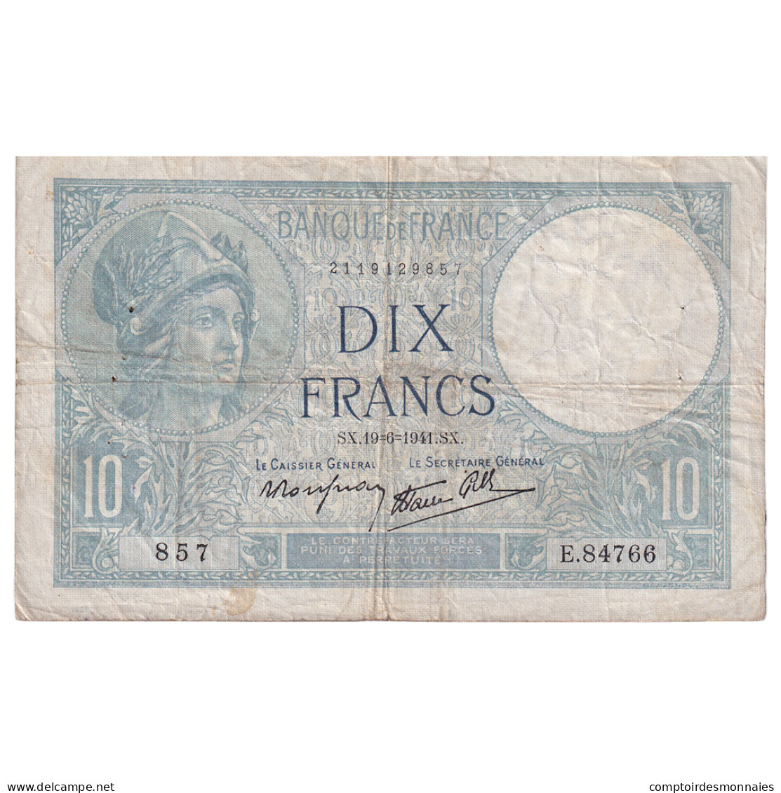 France, 10 Francs, Minerve, 1941, E.84766, TB, Fayette:7.29, KM:84 - 10 F 1916-1942 ''Minerve''