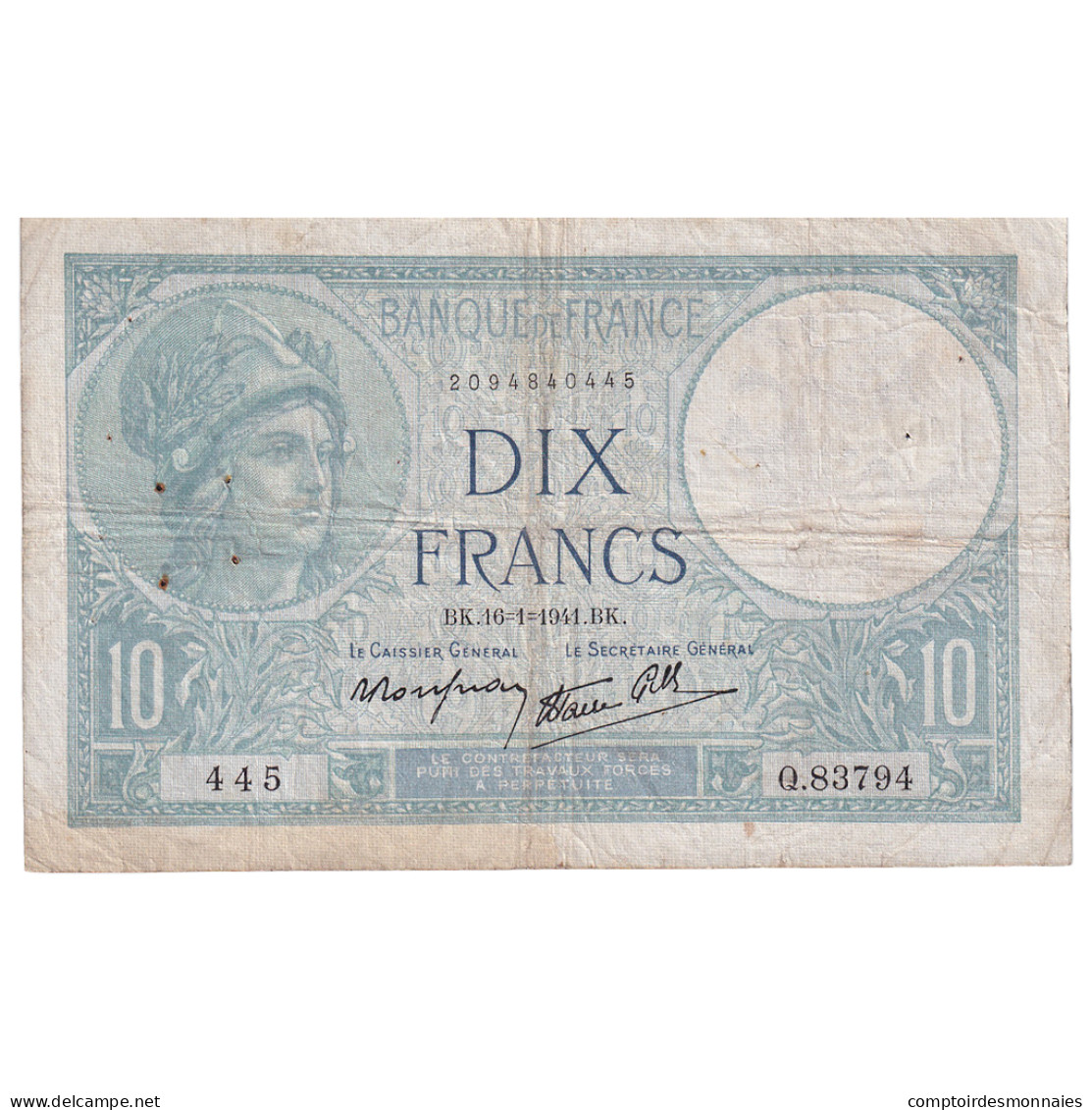 France, 10 Francs, Minerve, 1941, Q.83794, TB, Fayette:7.28, KM:84 - 10 F 1916-1942 ''Minerve''