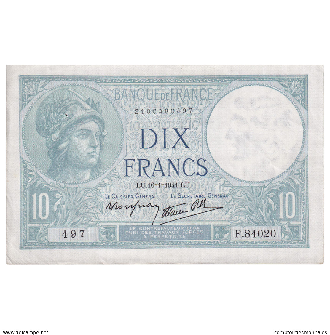 France, 10 Francs, Minerve, 1941, F.84020, SUP+, Fayette:7.28, KM:84 - 10 F 1916-1942 ''Minerve''