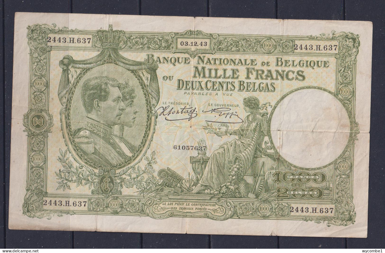 BELGIUM - 1943 1000 Francs Circulated Banknote (Split Centre Fold) - 1000 Francs