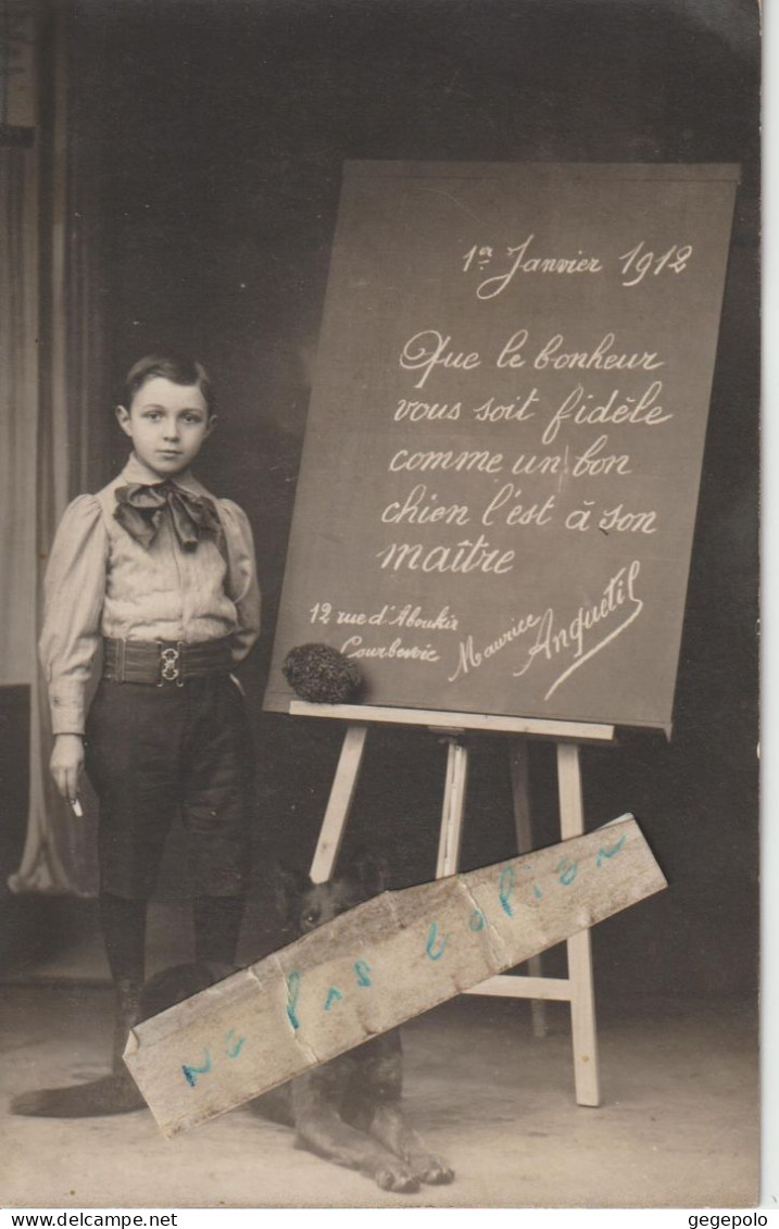 COURBEVOIE - Voeux Pour 1912 De Maurice Anquetil ( Fils De L'éditeur De La Carte ) - 12 Rue D'Aboukir ( Carte Photo ) - Courbevoie