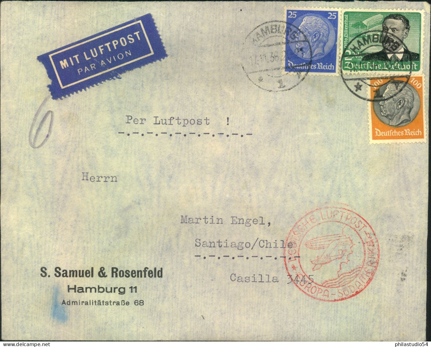 1936, Hoch Frankierter Luftpostbrief Ab HAMBURG Nach Chile - Covers & Documents