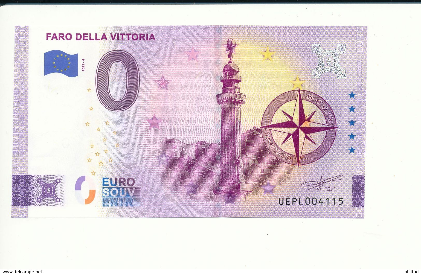 Billet Touristique  0 Euro  - FARO DELLA VITTORIA - UEPL - 2022-4 -  N° 4115 - Altri & Non Classificati