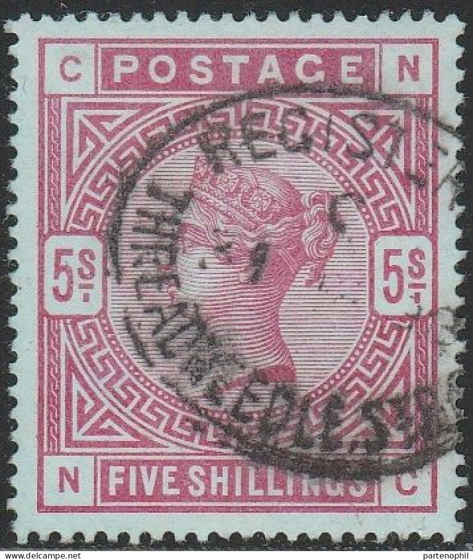 518 Gran Bretagna Great Britain 1883/84 - Effigie Regina Vittoria 5 Sh. Carminio Su Carta Azzurra N. 87a. - Gebruikt