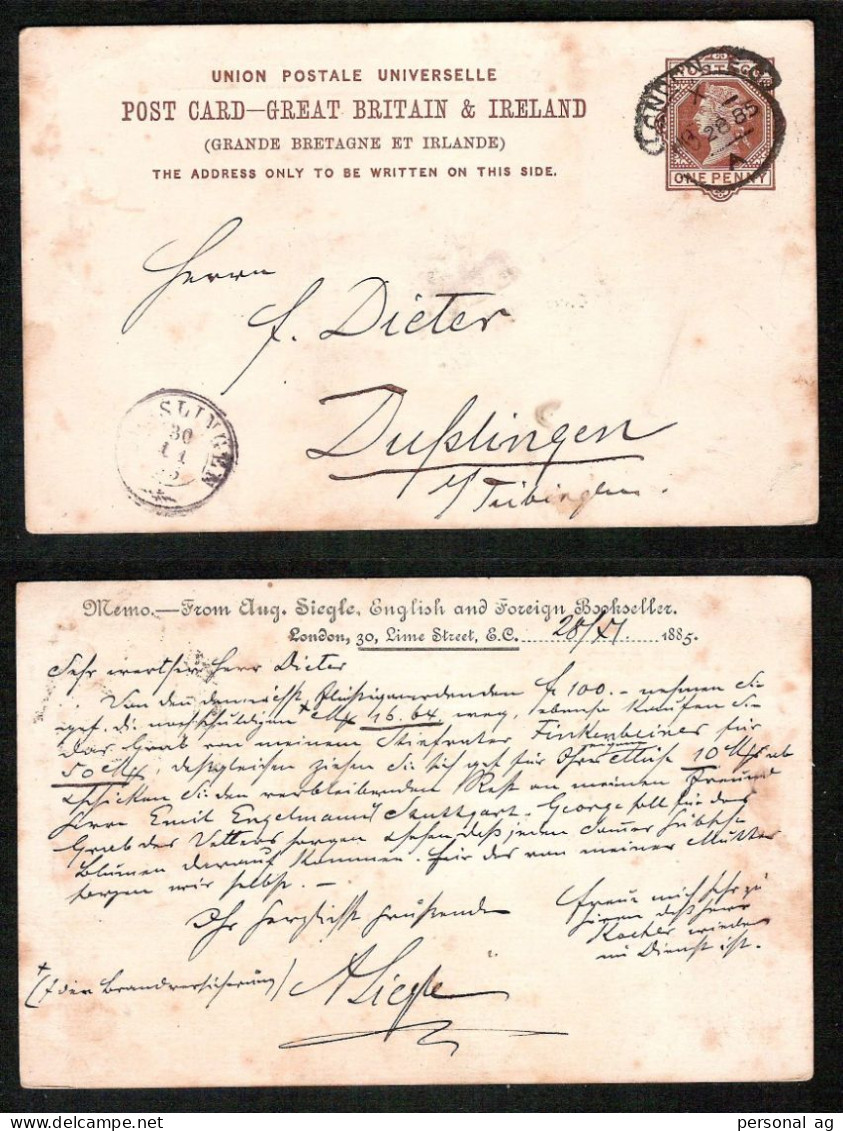 1885  UK  Postal Stationary  Postkarte P18, Rückseitig Mit Vordruck (der Die Jahreszahl 1885 Enthält!) - Briefe U. Dokumente