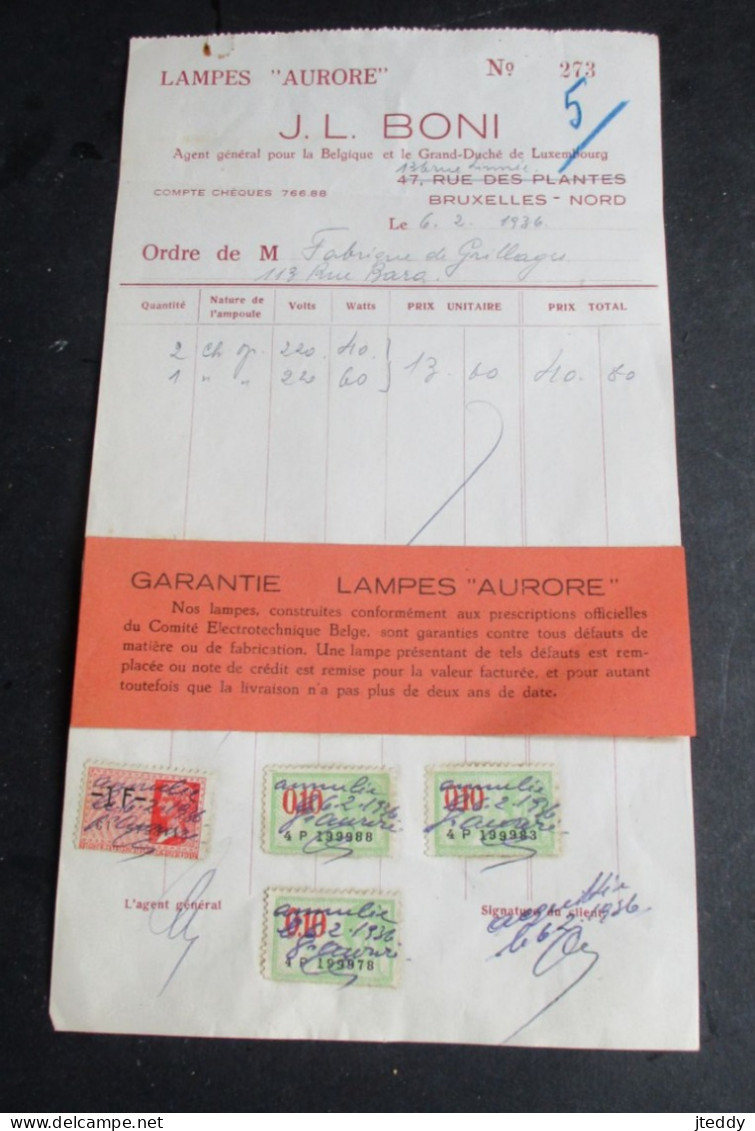 Oude Bestelbon  1936  Met  4 Stuks Fiscale Zegels  Plus Garantie   LAMPES   ""AURORE "" - Elektrizität & Gas