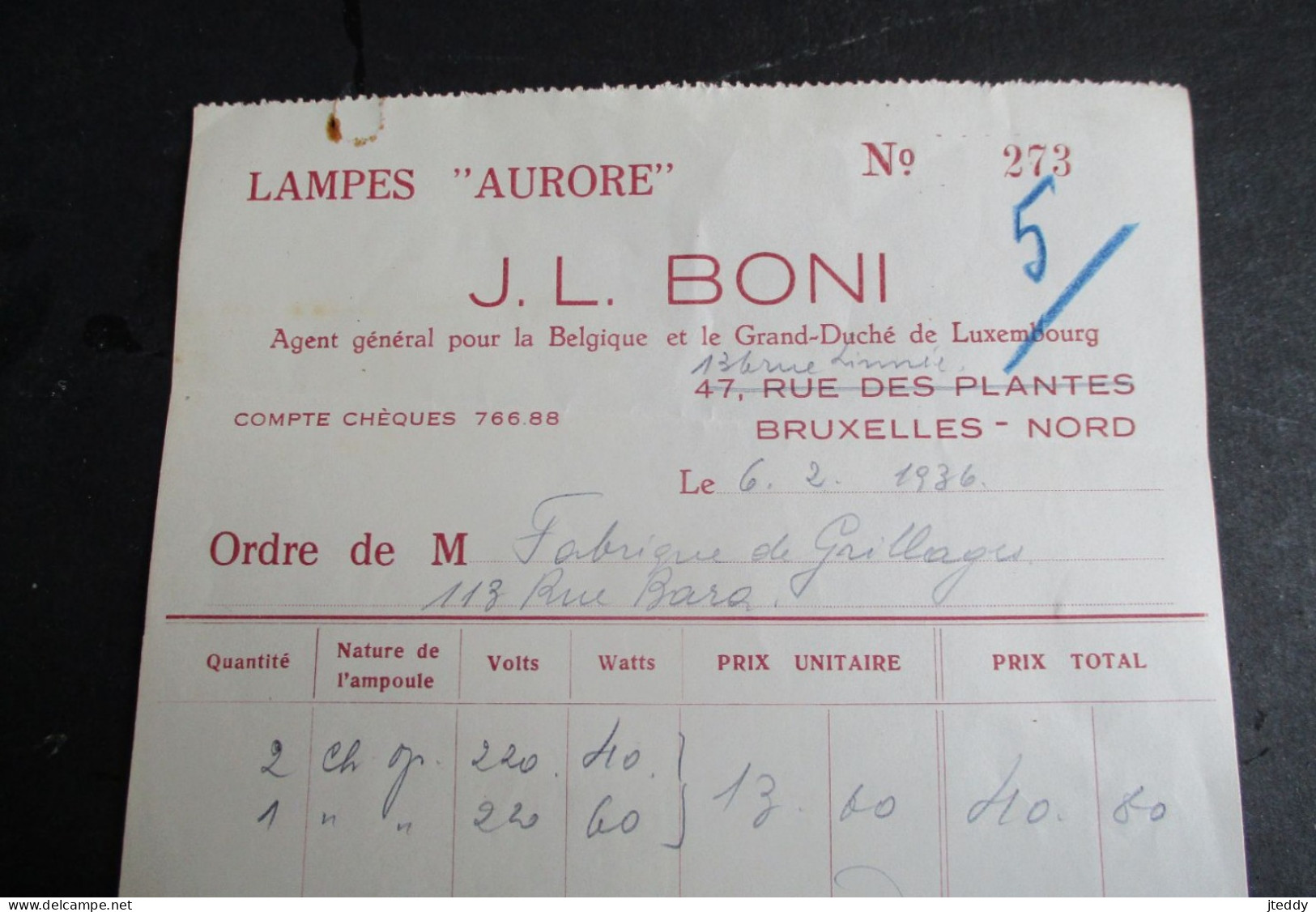 Oude Bestelbon  1936  Met  4 Stuks Fiscale Zegels  Plus Garantie   LAMPES   ""AURORE "" - Électricité & Gaz