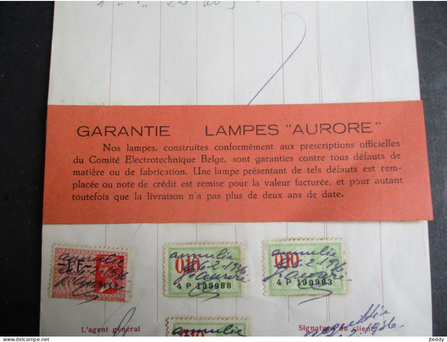 Oude Bestelbon  1936  Met  4 Stuks Fiscale Zegels  Plus Garantie   LAMPES   ""AURORE "" - Elettricità & Gas