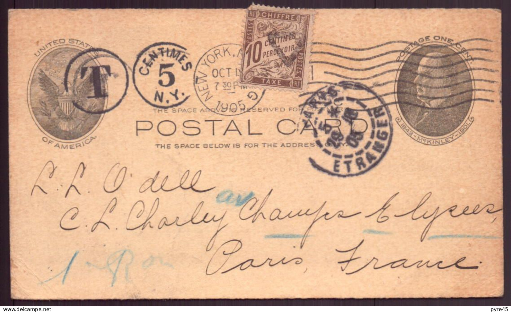 Etats-Unis, Entier, Carte Taxée Du 18 Octobre 1905 De New-York Pour Paris - 1901-20