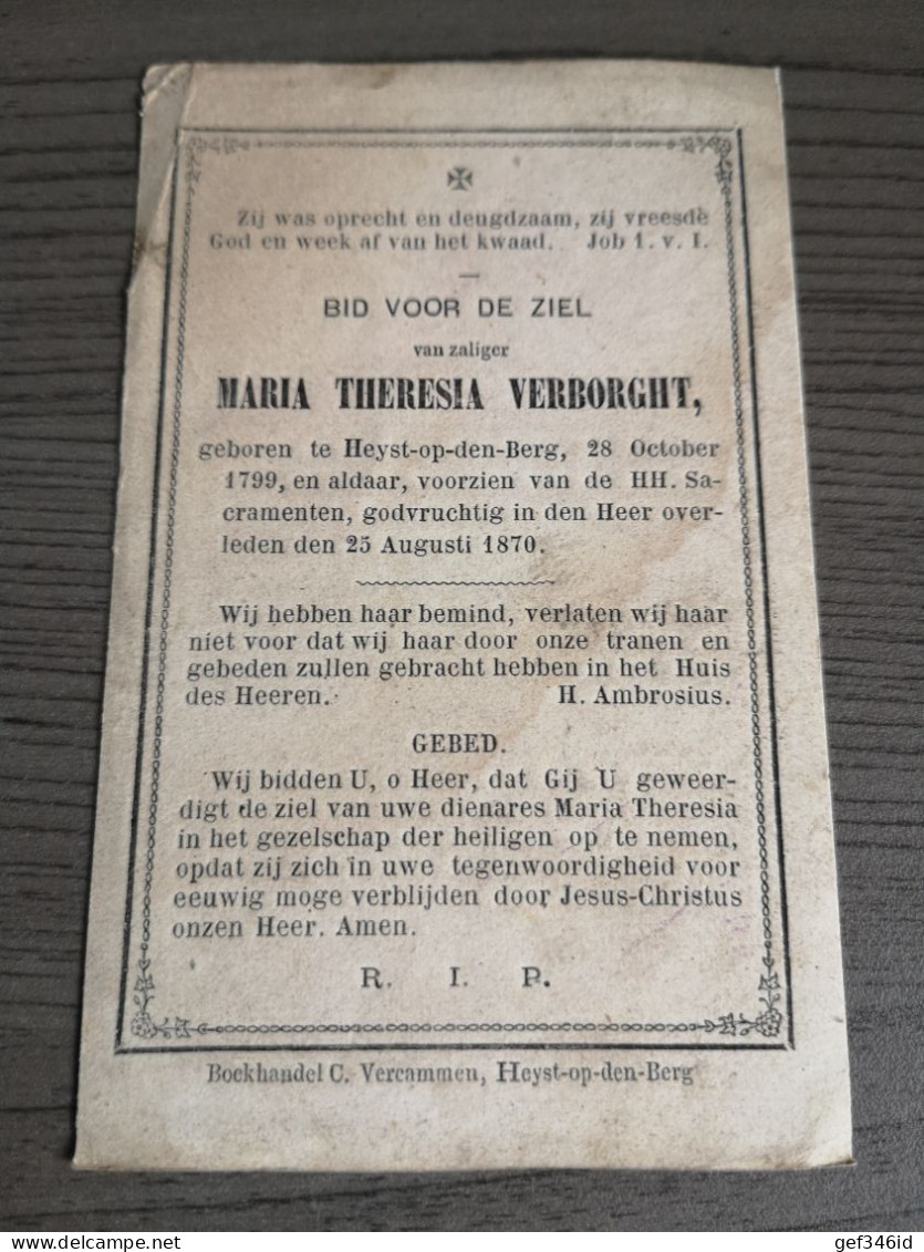 Maria Theresia Verborght Heyst-op-den-Berg 1799 1870 Boekhandel C. Vercammen - Religion & Esotérisme